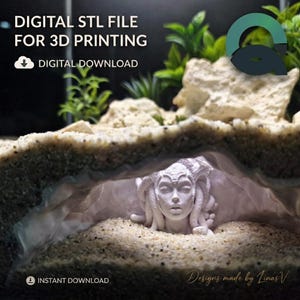 Può includere: Un file STL digitale per stampa 3D raffigurante una scultura bianca di Medusa inserita in una struttura sabbiosa simile a una grotta. L'immagine include il testo DIGITAL STL FILE FOR 3D PRINTING, DIGITAL DOWNLOAD e INSTANT DOWNLOAD.