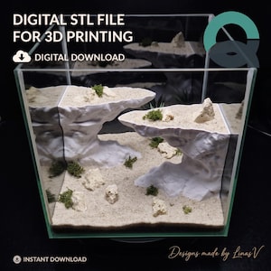 May include: A digital STL file for 3D printing featuring a clear glass aquarium tank containing white 3D-printed rock formations, beige sand, and green moss accents. The text reads DIGITAL STL FILE FOR 3D PRINTING, DIGITAL DOWNLOAD, and INSTANT DOWNLOAD.