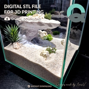 May include: A digital STL file for 3D printing featuring a white rock formation with a hollow cave structure, placed on a bed of light beige sand. The scene includes a small green artificial plant and patches of moss inside a glass enclosure.
