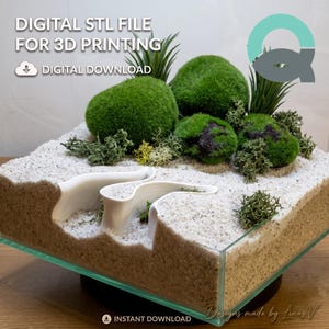 May include: A digital STL file for 3D printing featuring a square glass container filled with sand, green moss mounds, and spiky air plants. Two white, curved, wave-like structures are embedded in the sand. Text reads DIGITAL STL FILE FOR 3D PRINTING.
