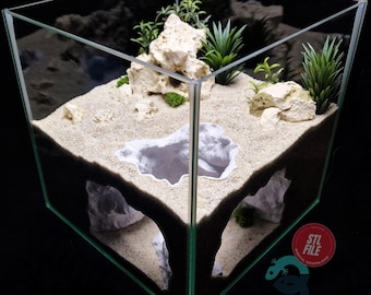 Grande grotte d'angle pour aquarium et terrarium - Poisson, crevette, reptile, peau d'axolotl avec de grandes ouvertures et un volume intérieur | Fichier STL imprimable en 3D