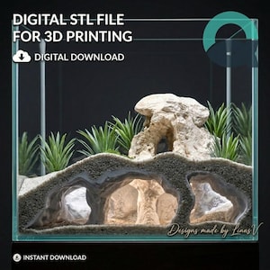 Può includere: File STL digitale per stampa 3D, download digitale. Un acquario in vetro trasparente contenente una formazione rocciosa chiara con un arco, substrato di sabbia grigia e piante artificiali verdi. Il testo recita: DIGITAL STL FILE FOR 3D PRINTING.