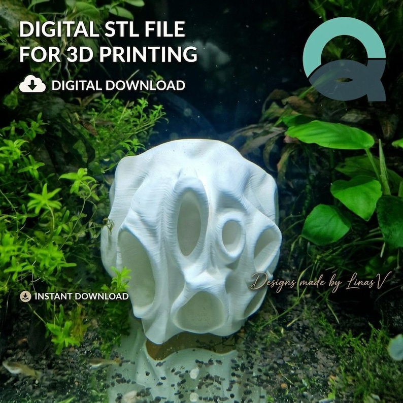 May include: A white, organic-shaped 3D printed object with multiple hollow openings, presented as a digital STL file for 3D printing. The image includes text stating DIGITAL STL FILE FOR 3D PRINTING, DIGITAL DOWNLOAD, and INSTANT DOWNLOAD.
