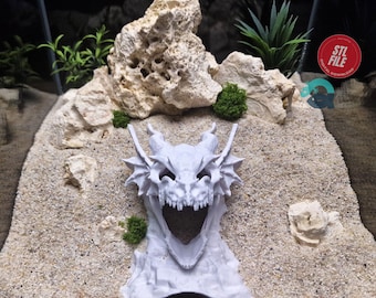 Cueva de acuario con forma de calavera de dragón, escondite fantástico para reptiles, decoración gótica para acuarios, refugio para vivario, adorno para terrario / Archivo STL imprimible en 3D