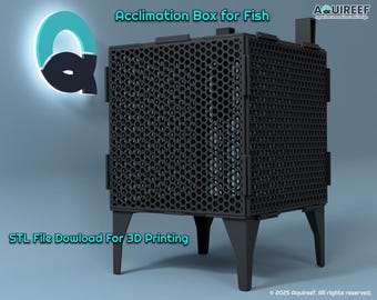May include: Black 3D printed acclimation box for fish with a honeycomb design and four legs. STL File Download For 3D Printing.