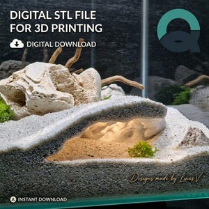 May include: A digital STL file for 3D printing featuring a white rock cave structure with a hollow interior, light-coloured sand, and small green moss accents. The image includes text stating DIGITAL STL FILE FOR 3D PRINTING and DIGITAL DOWNLOAD.