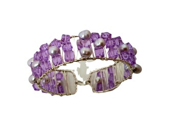 Violet Swarovski Cube Crystals Wire Wrapped on a Sterling Silver Cuff Bracelet