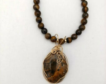 Gold Wire Wrapped Brown Jasper Pendant on a Tiger-eye Bead 21 1/2 Necklace