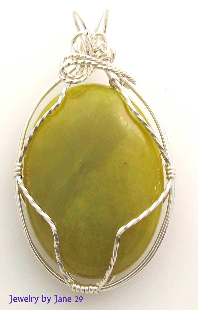 Olive Green Jade Wrapped in Sterling Silver Pendant on a 28 Etsy