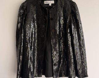 Completo vintage anni '80 Novello Bloom con giacca e gonna nere con paillettes, taglia 8
