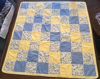 Blue and Yellow Flowers Hand Stitched Lap or Baby Quilt