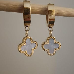 Mother of Pearl Cover Earrings, 18k Gold Plated, Stainless Steel, Gold Clover Earrings, White Clover Earrings, Shell Hoop Earrings, Drops