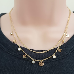18K Gold Plated, Stainless Steel, Gold Clover Necklace, Clover Pendant, Four Leaf Clover, Flower Clover, Layered Necklace, Dainty Chain