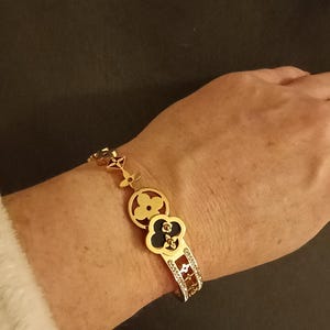18k Gold Plated, Stainless Steel, Gold Clover Bangle, Black Clover Bracelet, Clover Flower, Charm Bracelet, Cubic Zirconia Bracelet