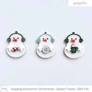 Fichier SVG | Bonhommes de neige étreints Gâteries | biscuit, canne en bonbon, cacao chaud | Fichier découpé au laser | Testé avec Glowforge | Décoration de Noël