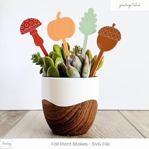 Puede incluir: Cuatro estacas de plantas con temática otoñal en una maceta blanca y marrón con una planta suculenta. Las estacas tienen forma de hongo, calabaza, bellota y hoja de roble. Las estacas son de color naranja, rojo, marrón y verde.