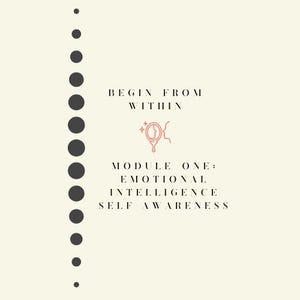 May include: Cream-colored graphic with the text "BEGIN FROM WITHIN" and "MODULE ONE: EMOTIONAL INTELLIGENCE SELF AWARENESS." A series of dark gray circles are on the left side. A red line drawing of a mirror is in the center.