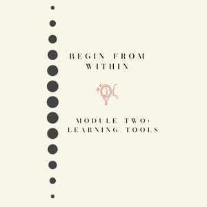 Puede incluir: Un gráfico con una serie de puntos negros en una línea vertical, el texto "BEGIN FROM WITHIN", un contorno rosa de una cara mirando en un espejo con estrellas sobre el espejo, y el texto "MODULE TWO: LEARNING TOOLS".