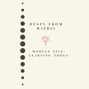 Puede incluir: Un gráfico con una serie de puntos negros en una línea vertical, el texto "BEGIN FROM WITHIN", un contorno rosa de una cara mirando en un espejo con estrellas arriba y el texto "MODULE FIVE: LEARNING TOOLS".