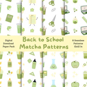 Op de afbeelding: Een digitaal papierpakket met acht naadloze patronen met een matcha-thema. De patronen bevatten schoolspullen, drankjes en eten in groentinten. De tekst luidt "Back to School Matcha Patterns". De patronen zijn 12x12 inch.