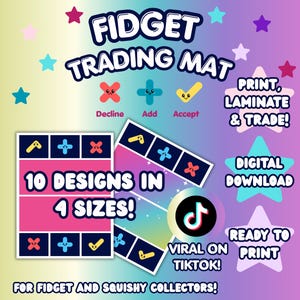 Könnte beinhalten: Eine digitale Fidget-Trading-Matte mit einem Farbverlaufshintergrund und Sternen. Der Text lautet Fidget Trading Mat, 10 Designs in 4 Sizes, Print, Laminate & Trade, Digital Download, Ready to Print, Viral on TikTok und For Fidget and Squishy Collectors.