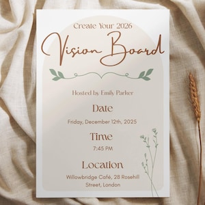 Op de afbeelding: Een beige Vision Board uitnodiging met bruine tekst en decoratieve groene bladeren. De uitnodiging luidt "Create Your 2026 Vision Board" en bevat de datum, tijd en locatie: Willowbridge Café, Londen.