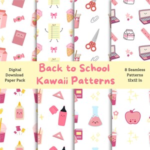 Op de afbeelding: Een digitaal papierpakket met acht naadloze patronen met het thema "Back to School". De patronen bevatten kawaii-illustraties van schoolspullen en eten in roze en wit.