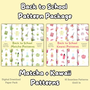 Op de afbeelding: Een digitaal downloadpapierpakket met "Back to School" patronen. Het pakket bevat "Matcha" en "Kawaii" patronen, elk met 8 naadloze ontwerpen, 30,48 x 30,48 cm groot. De ontwerpen tonen illustraties met school- en voedselthema's.