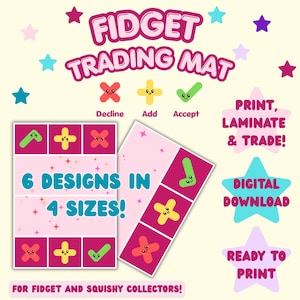 Może przedstawiać: Cyfrowy plik do pobrania z matą do wymiany fidgetów, zawierający różowe i magentowe prostokątne maty w gwiazdki. Tekst głosi Fidget Trading Mat, 6 Designs in 4 Sizes, Print, Laminate & Trade, Digital Download, Ready to Print oraz For Fidget and Squishy Collectors.