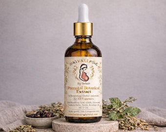 May include: A brown glass bottle with a white dropper and gold cap, labelled "BIRTHKEEPING Prenatal Botanical Extract." The label features a pregnant woman illustration. The bottle sits on a small stone pedestal, with herbs and a small bowl of dried herbs nearby.