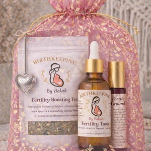 Vruchtbaarheidsbundel | Kit voor natuurlijke vruchtbaarheidsondersteuning | TTC-thee, kruidentonic en rollerolie | Ik probeer een cadeau te bedenken