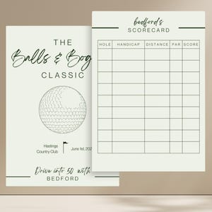 Op de afbeelding: Een golf-thema aankondiging en scorekaart. De aankondiging luidt "The Balls & Bog Classic" met een golfbal illustratie. De scorekaart is getiteld "Bedford's Scorecard" en bevat ruimtes voor het scoren.