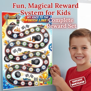 May include: A colorful reward chart for kids with a race car theme. The chart features a winding track with numbers, race cars, tires, and checkered flags. Text on the chart reads "Fun, Magical Reward System for Kids" and "My Race to the Finish Line! Complete Reward Set."