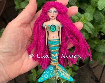 Enchanted Mini Mermaid Art Doll ~ OOAK Handmade in USA Pink Haired Siren