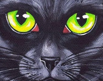 Original Art Black Cat Face Green Eyes Macro Portrait Acrylic Painting