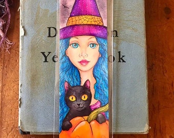 Original Art Halloween Witch and Black Cat Bookmark Wall Hanging Ornament ~ Painting ~ Illustration