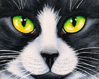 Original Tuxedo Black and White Cat Black Nose Face Macro Portrait Acrylic Painting