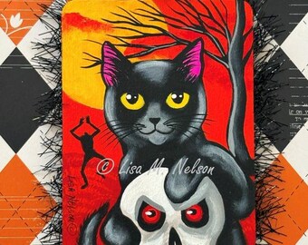 Halloween Black Cat and Headless Zombie Spooky Fun Original Art Painting Ornament