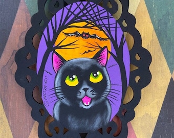 Halloween Black Cat and Bats Spooky Fun Original Art Painting Ornament