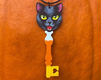 Original Art - Halloween Black Cat Candy Corn Key Necklace Pendant ~ Spooky Folk Art Fun!