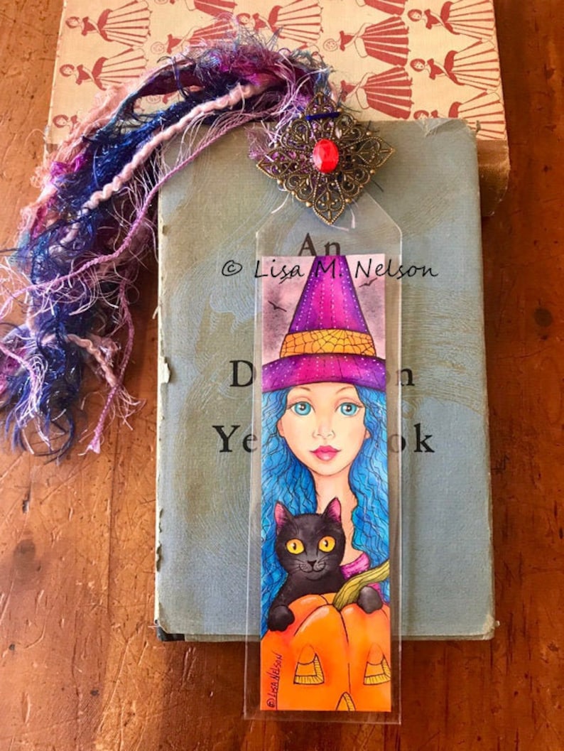 Original Art Halloween Witch and Black Cat Bookmark Wall Hanging Ornament ~ Painting ~ Illustration