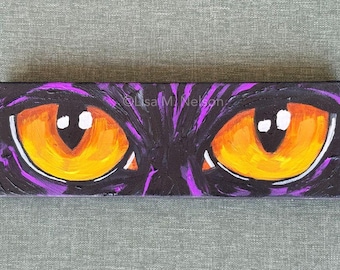 Original Black Cat with Golden Eyes Acrylic Painting on Stretched Canvas