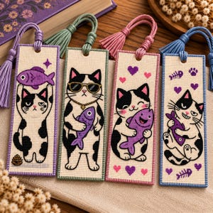 May include: Four rectangular cross-stitch bookmarks featuring black and white cats with purple fish. Each bookmark has a colored border and a matching tassel. The designs include a cat holding a fish, a cat with sunglasses, a cat with hearts, and a cat with fish bones.