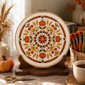 Peut inclure: Une broderie au point de croix circulaire montée sur un tambour en bois sur support, présentant un motif mandala symétrique sur le thème de l'automne avec des citrouilles orange, des feuilles de ginkgo jaunes, des glands et des baies rouges.