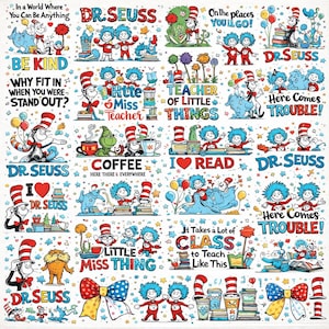 Peut inclure: Un collage d'illustrations sur le thème du Dr. Seuss avec divers personnages et citations. Les images présentent le Chat chapeauté, les Choses 1 et 2, et d'autres éléments fantaisistes. Le texte comprend des phrases comme "Soyez gentil" et "Voici les ennuis !"