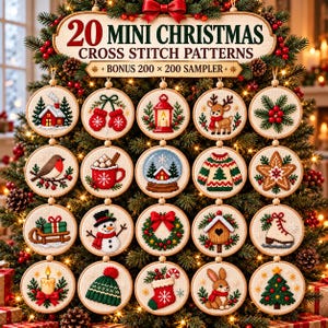 Set met kerstborduurpatronen, 20 mini-kerstornamenten, feestelijke borduurpatronen, Scandinavische wintermotieven, PDF-download