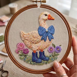 Peut inclure: Un tambour à broder circulaire en bois contenant un panneau en tissu avec un motif brodé à la main représentant une oie jaune clair. L'oie porte un grand nœud bleu avec une perle centrale et des bottes bleu foncé, entourée de fleurs roses et violettes.