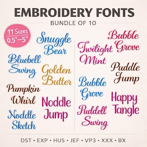 Peut inclure: Image présentant un lot de 10 polices de broderie avec différents styles et couleurs. Les polices incluent "Snuggle Bear", "Twilight Grove" et "Bubble Grove". Les tailles de police varient de 1,27 cm à 12,7 cm. L'image liste également les formats de fichiers.