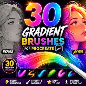 Peut inclure: Visuel d'art numérique présentant un visage de femme avant et après une transformation artistique. L'image met en évidence "30 Pinceaux dégradés pour Procreate". La conception comprend des coups de pinceau colorés et des icônes pour le changement de couleur, la dynamique fluide, la facilité d'utilisation et le téléchargement instantané.