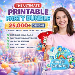 Paquete Mega Party Kit: Más de 25,000 plantillas editables de Canva, decoraciones de cumpleaños infantiles, recuerdos de fiesta DIY, bolsa de papas fritas, invitación, descarga instantánea.